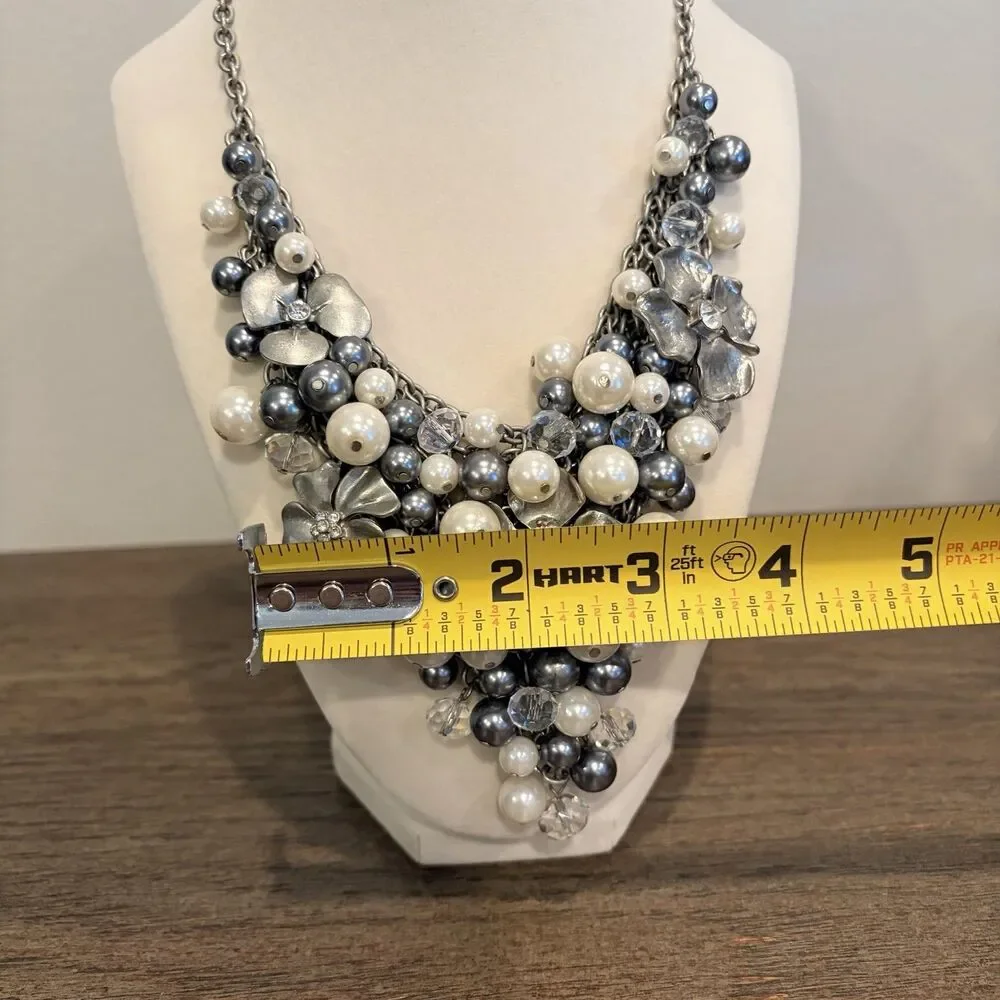 Vintage Vince Camuto Floral Pearl Cluster Statement Bib Necklace Gunmetal